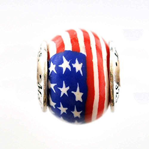American Flag Stars and Stripes Support the Troops Awareness Bead Charm for Add-A-Bead Bracelets Clay & Sterling Silver by MAYselect SIZE Large
