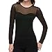 Seamless Sheer Long Sleeve Mesh Sweetheart Neckline Blouse Top Shirt (Black)