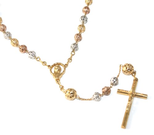23″ Gorgeous 24k Tri-Tone Florintine Rose, Yellow & White Gold Layered Rosary Filigree Beaded Rosary Necklace with Crucifix and Virgin Mary ~ Comes in a Fancy Velour Gift Box