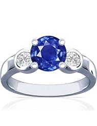 14K White Gold Round Cut Blue Sapphire Three Stone Ring (GIA Certificate)