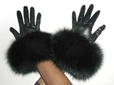 Cashmere Lined Black Lambskin Leather Gloves w/Black Fox Trim 8
