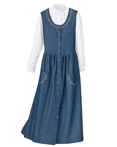 "National Embroidered Denim Jumper, Petite" "National Embroidered Denim Jumper, Petite"
