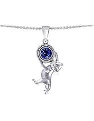 Original Star K (tm) Cat Lover Pendant with September Birthstone Created Sapphire in 925 Sterling Silver