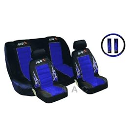 A Set of Low Back Type X Racing Style Front Bucket Seat Covers, Bench Seat Cover, Steering Wheel Cover and Shoulder Strap Cover - Blue