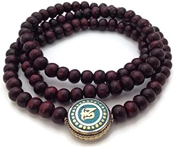 Tibetan OM Symbol Guru Bead with 108 Rosewood Beads Stretch Full Mala for Meditation and Yoga
