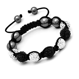 Bracelet Style Shamballa Unisexe Cristal/Hématite - Blanc et Noir - Ajustable