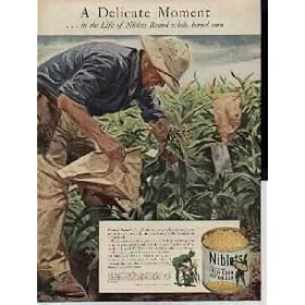 A Delicate Moment ... in the Life of Niblets Brand whole kernal corn. Planned Parenthood ... when you want to keep an exclusive strain of seed pure, only the right kind of pollen must go on the corn silk. Here you see one of our geneticists carefully dusting pollen from a selected corn tassel onto the silks of "mother ears" to produce the seed (D-138) for Niblets brand whole kernal corn. This is just one of the ways we wed Modern Science to Mother Nature to produce constant quality every time for Niblets Brand - the golden corn that's packed at the fleeting moment of perfect flavor. Packed only by Minnesota Valley Canning Company, headquarters, Le Sueur, Minnesota. ..... 1945 Green Giant Ad, A3660A.