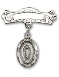Sterling Silver Baby Badge with Miraculous Charm and Arched Polished Badge Pin