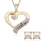 18k Yellow Gold Plated Sterling Silver Genuine Pearl and Diamond Accent Heart Pendant, 18 and...