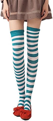 AnVei-Nao Girls Over Knee Leg Warmer Candy Color Stripe Knit Crochet Sock Leggings Green White