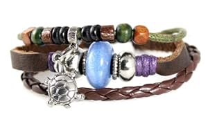 Turtle Bead Leather Zen Bracelet with Iridescent Blue Bead - Adjustable, Fits 5 to 8 Inches, for Men, Women, Teens, Boys and Girls in Gift Box