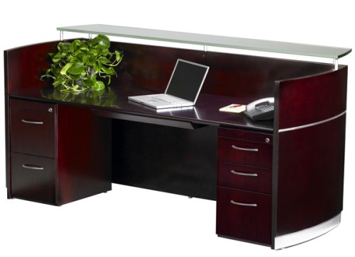 Buy RECEPTION DESK DELUXE – Mayline Napoli Secretary Desk in Gorgeous Mahogany Wood Veneer with Glass Counter and Drawers
