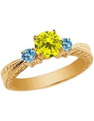 1.10 Ct Round Canary Diamond Swiss Blue Topaz 14K Yellow Gold 3-Stone Ring