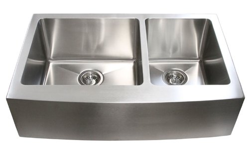 33 Inch Stainless Steel Curved Front Farm Apron Kitchen Sink - 1 Radius Design 60/40 Double Bowl