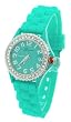 Geneva Women's Green Silicone Designer Watch with Baguette Stones Bezel