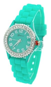 Geneva Women's Green Silicone Designer Watch with Baguette Stones Bezel