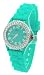 Geneva Women's Green Silicone Designer Watch with Baguette Stones Bezel