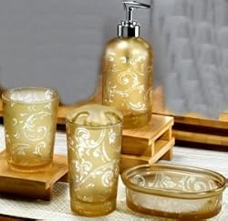 4 Pc Amber Glass Bath Set - Toothbrush Holder, Soap Dish, Cup, Lotion/Soap Dispenser