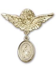 14K Gold Baby Badge with Miraculous Charm and Angel with Wings Badge Pin