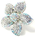 Large 2" Flower Cocktail Fashion Statement Ring Covered in AB Ice Crystals with Stretch Band