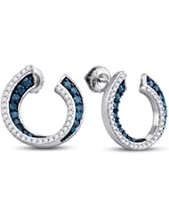 10K White Gold Round Brilliant Cut Blue and White Diamond - Horseshoe Shape Channel Set Studs Earrings with Secure Screw Back Closure - (3/4 cttw.)