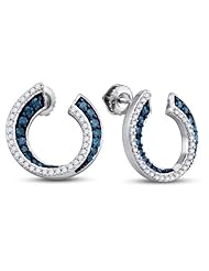 10K White Gold Round Brilliant Cut Blue and White Diamond - Horseshoe Shape Channel Set Studs Earrings with Secure Screw Back Closure - (3/4 cttw.)