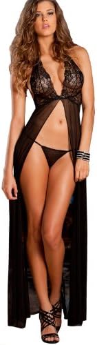 SeXy Black Sheer Lace Mesh Nightgown Long Gown g-string Set