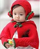 ☆可愛いニットポンチョ＆イヤーウォーマー＆アームウォーマー3点セット☆ベビーキッズ ボレロ (赤色)