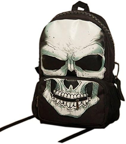 Dillian Skull Print Punk Style Nylon Backpack Daypack (Black and White)