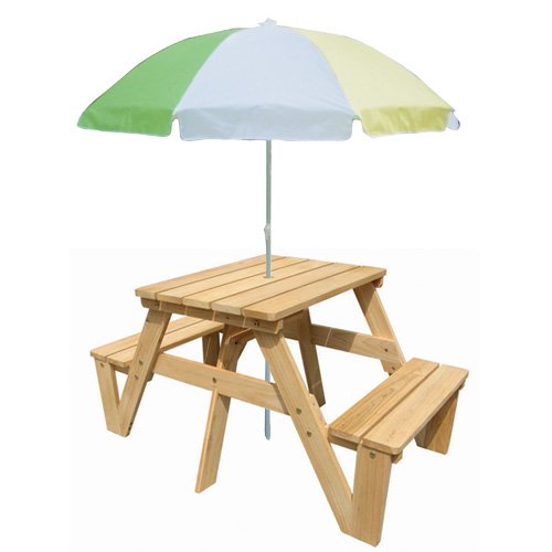 Lohasrus Kids Unfinished Picnic Table MM20301, Umbrella #40101, for ages 2 to 6, 1 Seated Each Side.