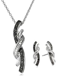 Sterling Silver Black and White Diamond Twist Shape Pendant and Earrings Box Set (1/6 Cttw, I-J Color, I2-I3 Clarity), 18"