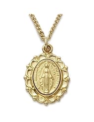 24K Gold Over .925 Sterling Silver Oval Miraculous Medal, Virgin Mary, Immaculate Conception Pendant in a Decorative Border Catholic Jewelry Miraculous Patron Saint Medal Pendant Catholic Gift Boxed.w/Chain Necklace 18" Length Gift Boxed.