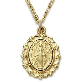 24K Gold Over Sterling Silver 3/4" Oval Engraved Miraculous Medal on 18" Chain