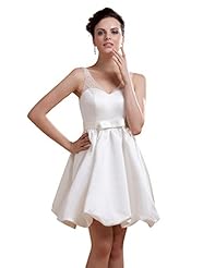 A-line V-neck Bubble Dress Lace Beaded Satin Short Natural   Waistline  Dress