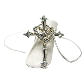 Crystal Studded Cross and Heart Link Pendant Necklace Fashion Jewelry