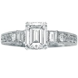 1.28 Carat GIA Certified Emerald Cut / Shape 14K White Gold Gorgeous Prong Set Round And Half Bezel Baguette Diamond Engagement Ring ( E Color , VVS2 Clarity )
