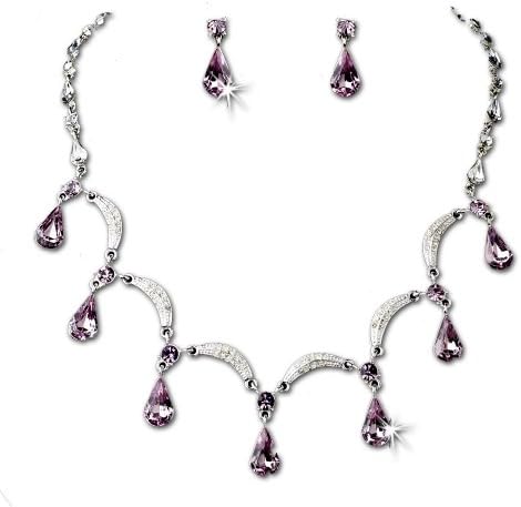 Silver-Tone Light Purple Crystal Teardops Necklace Earring Set Bridal Jewelry