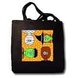 Cute Frankenstein Witch Wolfman and Mummy - Black Tote Bag 14w X 14h X 3d