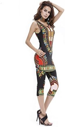 Dresswell Women Vintage African Tribal Print Elastic Tank Top Pants 2 Piece