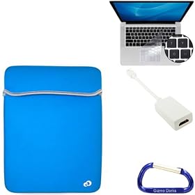 Bundle Set: Apple MacBook Pro / MacBook Air 13.3 Inch Black / Blue Laptop Carrying Case Reversible Sleeve, Keyboard Silicone Skin Cover, Mini DisplayPort Male to HDMI Female Adapter, and a Free Carabiner Key Chain