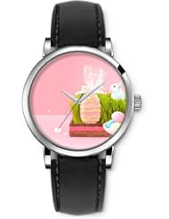 SPRAWL Aanalog Fashion Series Silver Ladies Watches of Genuine Black Leather Strap,Unique Wrist Watch for Women Girls Designed with Rabbit and bag of candy in the grass