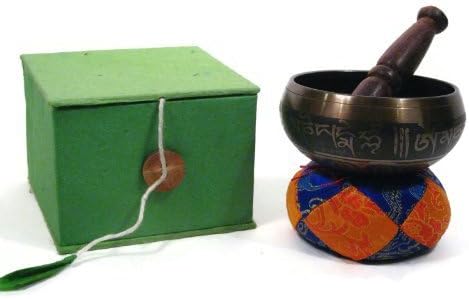 Tibetan Meditation OM Singing Bowl. Includes Cushion, Wooden Ringer, and Storage Box. Balances Chakras, Healing. by Radha Krishna Gifts