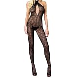 Criss Cross Key Hole Swirl Lace Bodystocking (Black;One Size)