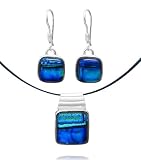 Sterling Silver Dichroic Glass Bezel-Set Blue Pattern Square-Shaped Pendant and Earrings Set, 18