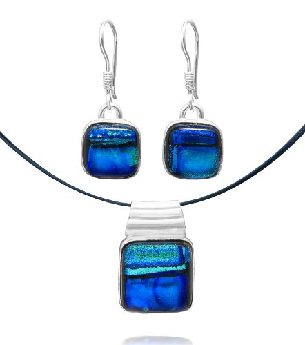 Sterling Silver Dichroic Glass Bezel-Set Blue Pattern Square-Shaped Pendant and Earrings Set, 18