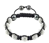White Crystals Black Cord Onyx Macrame Beaded Shamballa Ball Unisex Bracelet