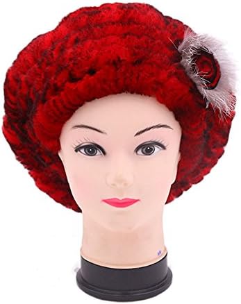 MMFur Women Natural Rabbit Fur Knit Hats Baret Rose Flower Decoration Red