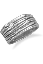 Textured Oxidized Sterling Silver 9mm Band With a 2.5mm Clear CZ - Size 10 Ring - JewelryWeb