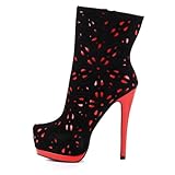 Damen Schuhe, STIEFELETTEN, PLATEAU HIGH HEELS, N6801, Synthetik in hochwertiger Wild Leder Optik und Lack Leder Optik, Rot Schwarz, Gr 37