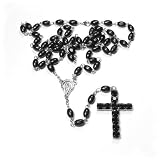 Pewterhooter Hommes et Femmes chapelet en bois ovale noir avec des croix cristal noir. Boîte-cadeau.